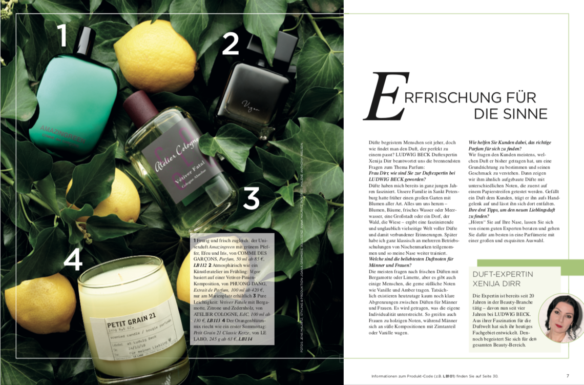 Fragrance production for the Ludwig Beck Magazine Summer 2019 Sample page from the Ludwig Beck Magazine Summer 2019