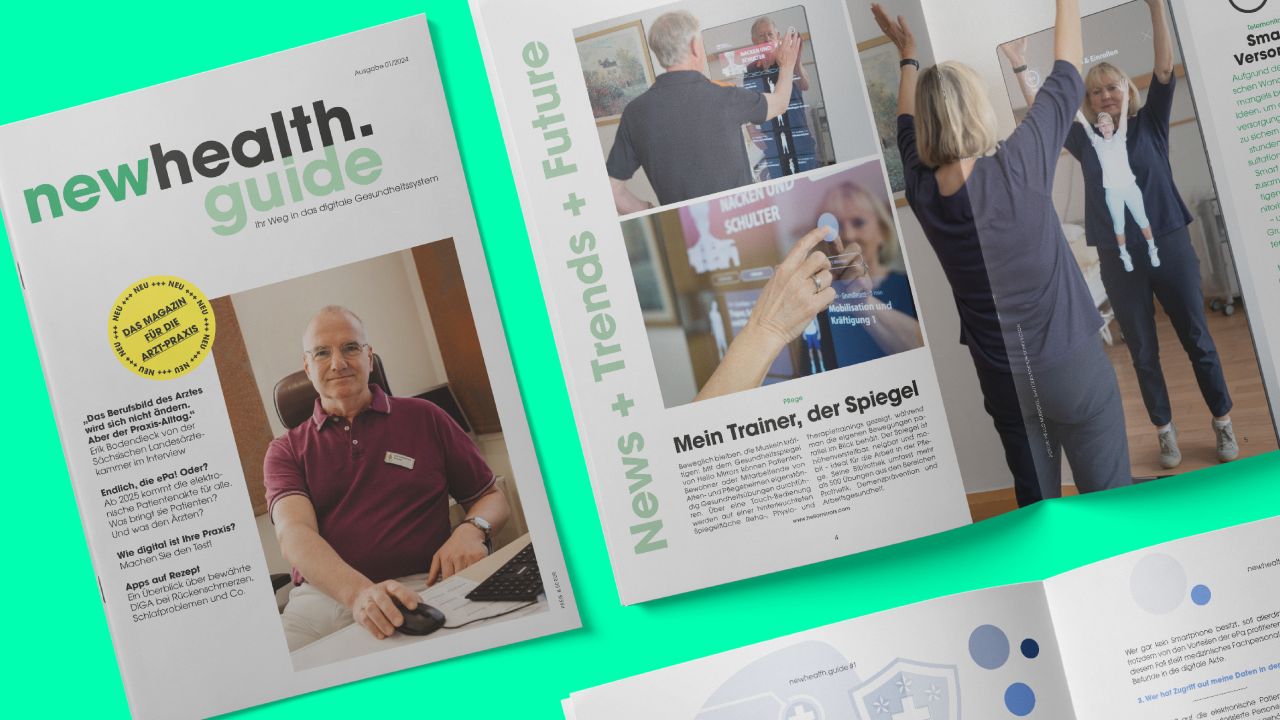 Cover des NewHealth.Guide Magazins mit dem Porträt eines Arztes liegt neben einer Doppelseite mit Gesundheitsthemen