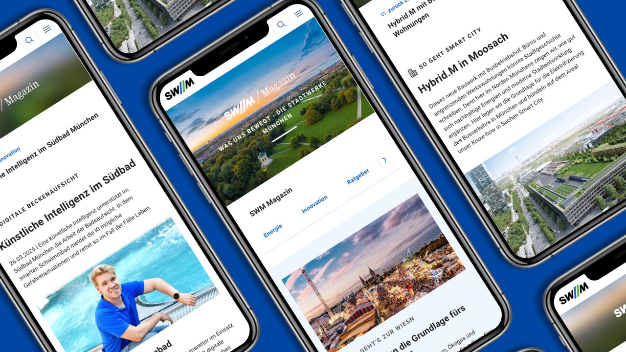 Mehrere Smartphones zeigen die Startseite und verschiedene Artikel des SWM Online-Magazins