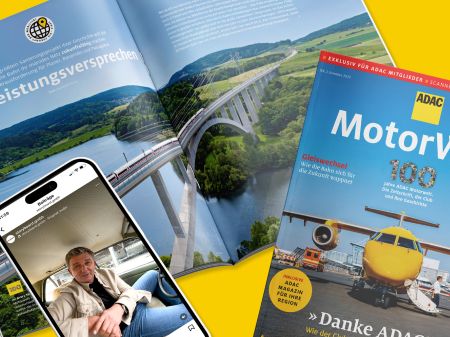Cover und aufgeschlagene Ausgabe der ADAC Motorwelt neben iPhone, das Instagram-Post mit Schauspieler Hans Sigl zeigt