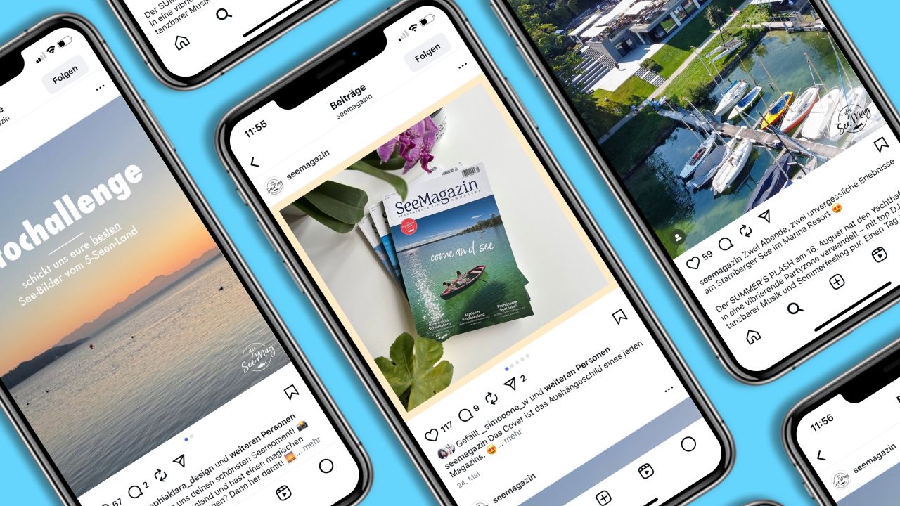 Mehrere Smartphones zeigen auf ihren Bildschirmen Posts aus dem Instagram-Feed des SeeMagazins Mehrere Smartphones zeigen auf ihren Bildschirmen Posts aus dem Instagram-Feed des SeeMagazins