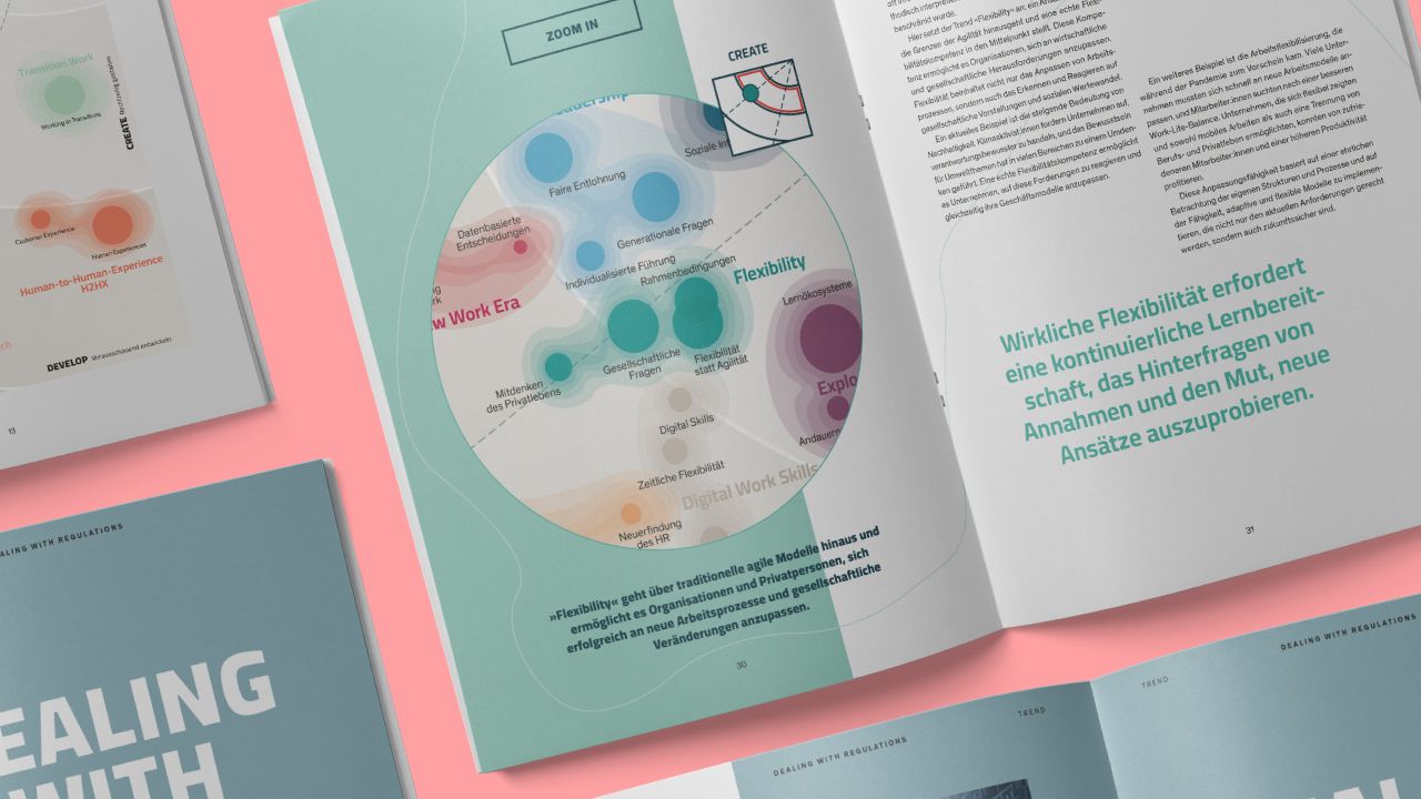 Aufgeschlagene Doppelseite der "Megatrendstudie: Future of Work" mit einem Diagramm zum Thema "Future of Work Era"