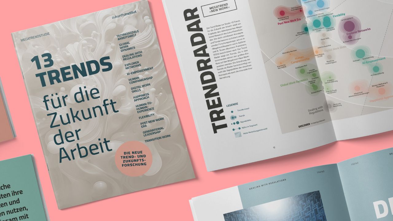 Cover der "Megatrendstudie: Future of Work" des Zukunftsinstituts mit einer aufgeschlagenen Doppelseite mit Infografik