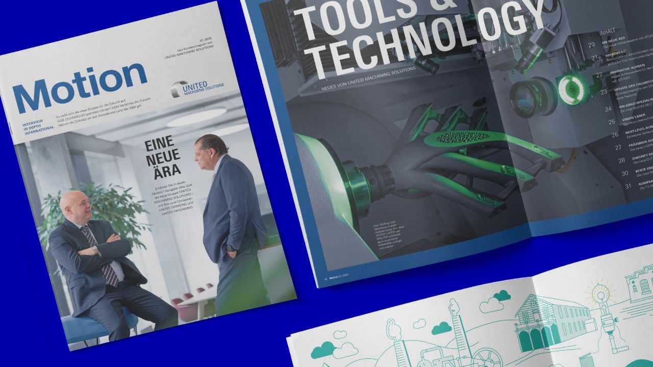 Cover des Kundenmagazins "Motion" mit dem Titel "Eine neue Ära" und eine aufgeschlagene Seite mit dem Titel "Tools & Technology".