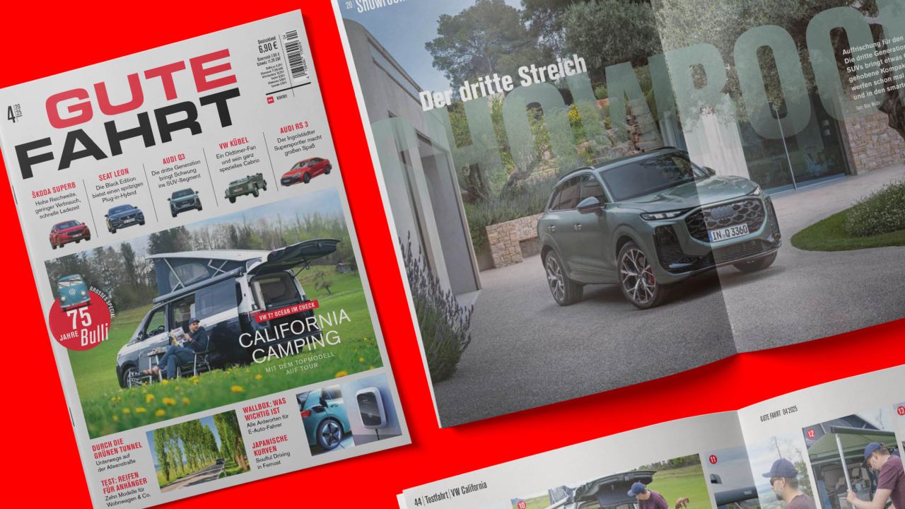 Cover and open print copies of GUTE FAHRT magazine from a bird's eye view
