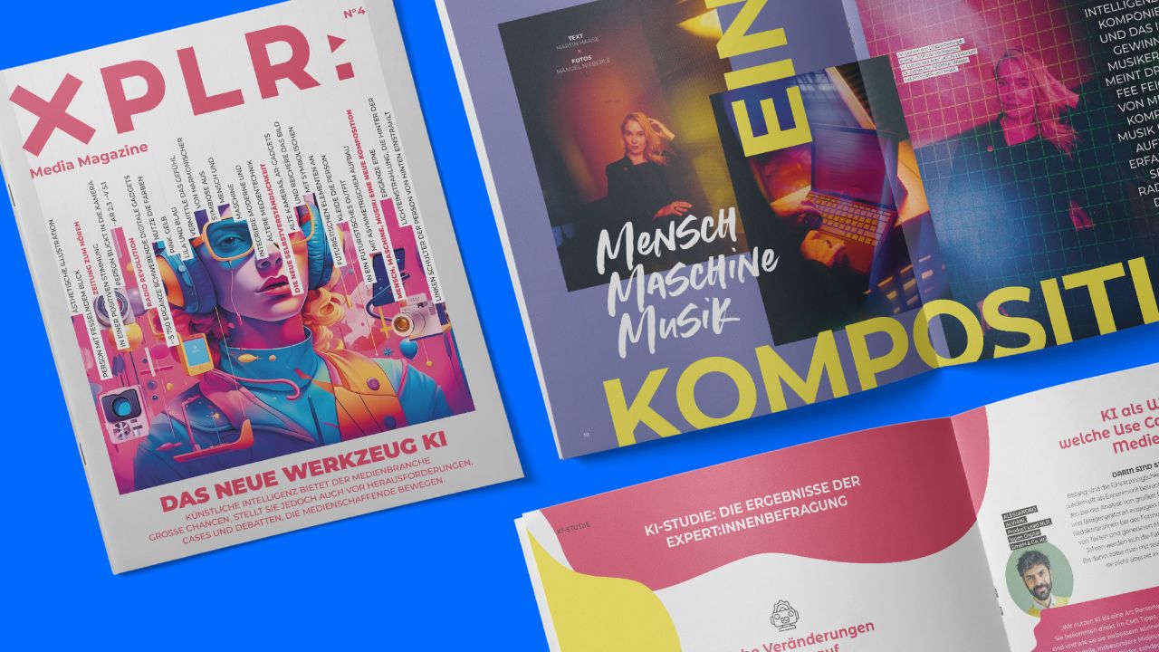 Cover of XPLR: MEDIA Magazine No. 4 featuring an AI illustration of a woman in cyberpunk style and an open double page spread on the topic of “Human Machine Music” on a blue background.