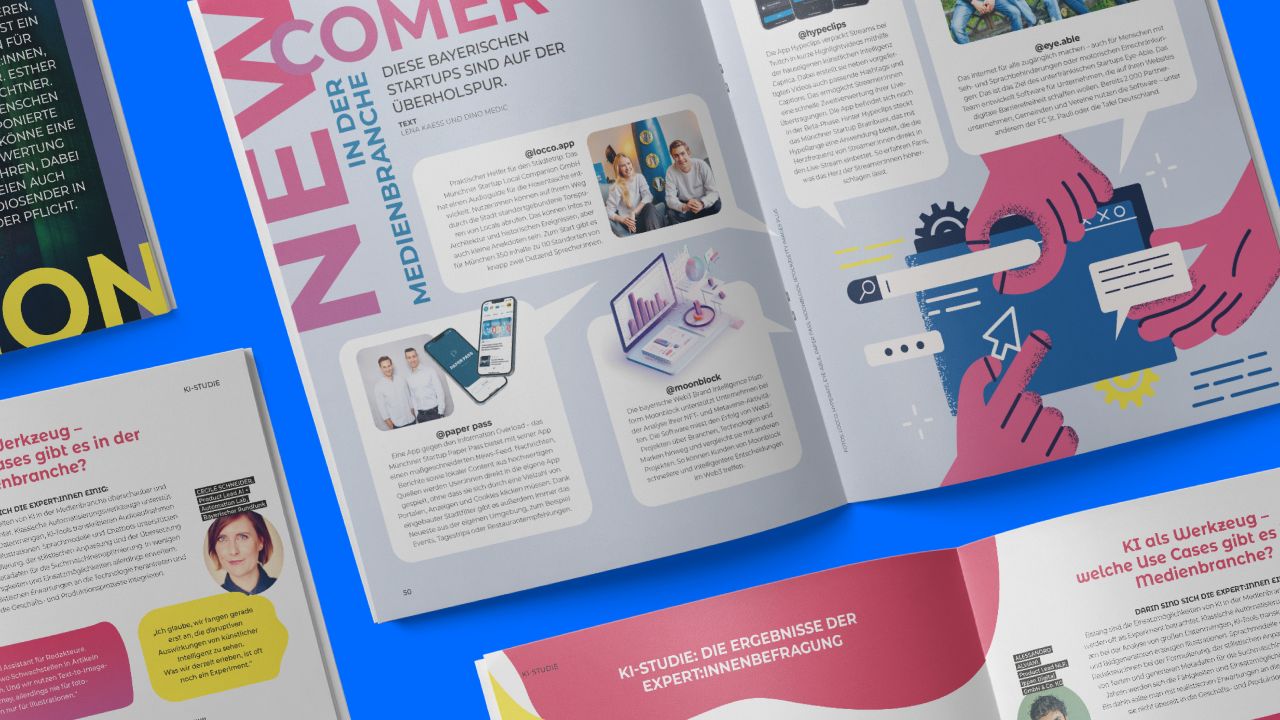 Spread from XPLR: MEDIA Magazine entitled “Newcomers in the media industry” with articles about Bavarian start-ups and their AI applications.