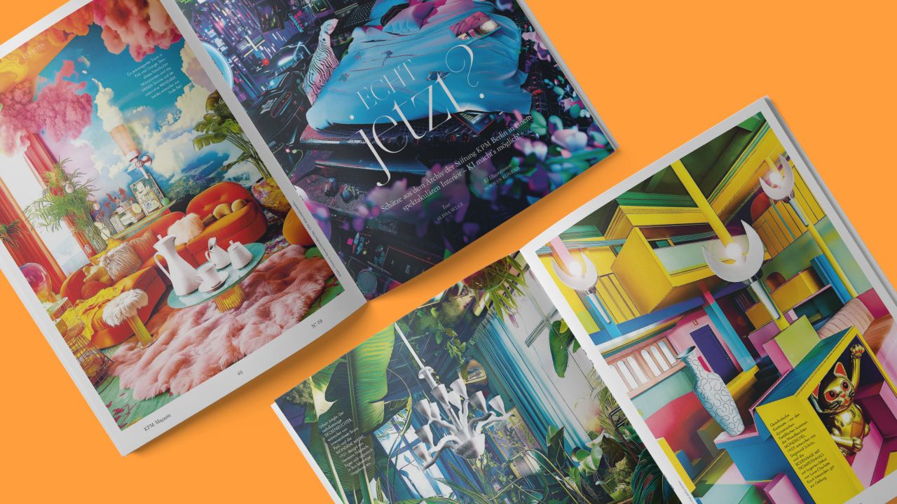 Two double pages with AI illustrations from KPM customer magazine WEISS No. 8