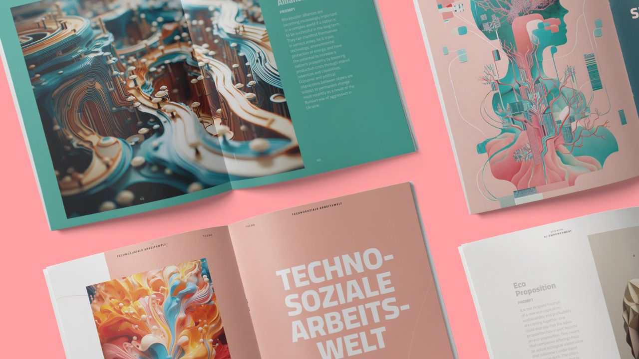 Mehrere Publikationen des Zukunftsinstituts mit KI-generierten Illustrationen in abstrakten Formen und leuchtenden Farben