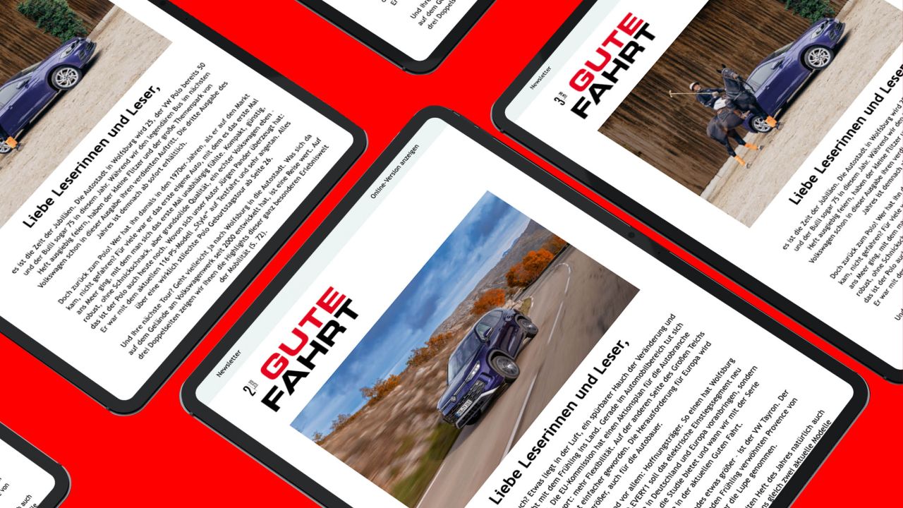 Display of two issues of the GUTE FAHRT newsletter on several tablets against a red background