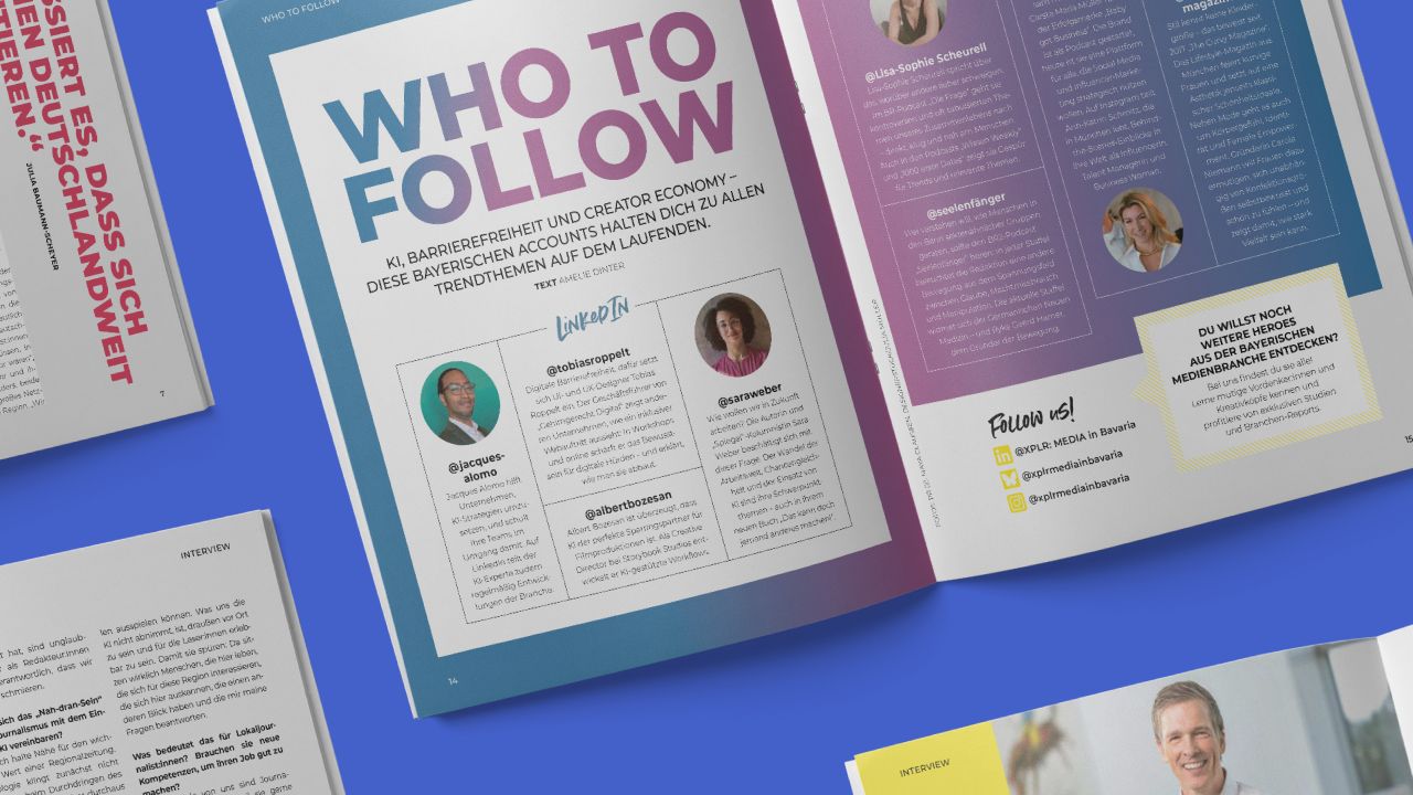 Aufgeschlagene Magazin-Doppelseite aus Beileger von XPLR: MEDIA in Bavaria mit Artikel zu Influencern in der Medienbranche mit dem Titel „Who to follow“.