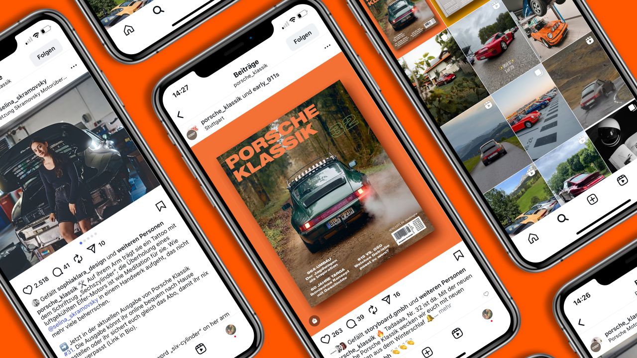 Mehrere Smartphones zeigen den Instagram-Feed des PORSCHE KLASSIK Magazins auf orangefarbenem Hintergrund Mehrere Smartphones zeigen den Instagram-Feed des PORSCHE KLASSIK Magazins auf orangefarbenem Hintergrund