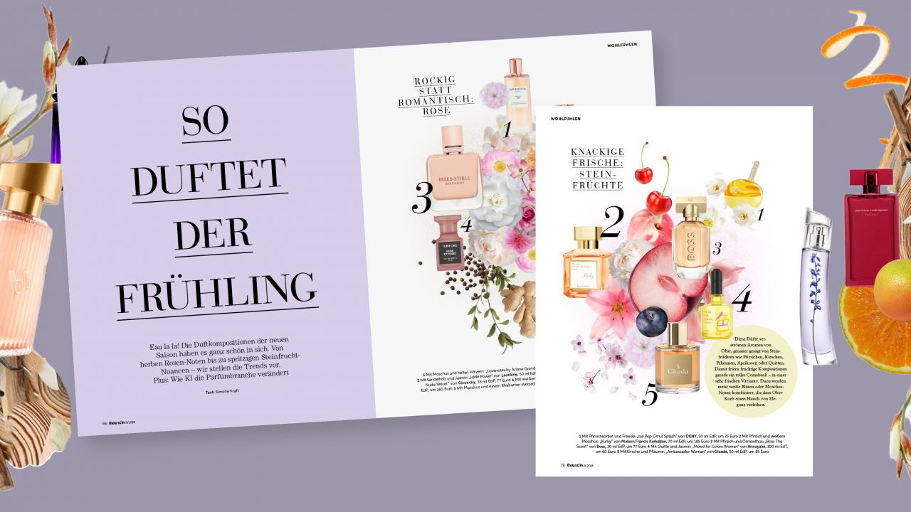 Collage of a magazine article about spring fragrances featuring various perfume bottles, blossoms, and fruit elements on a purple background